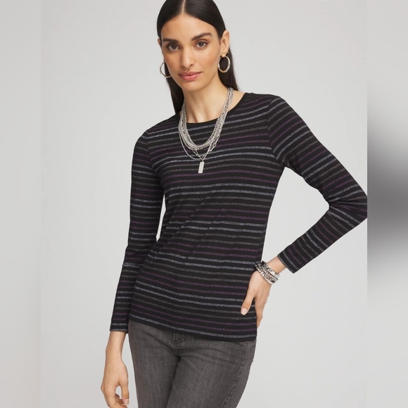 CHICO'S | Touch of Cool™ Lurex Stripe Long Sleeve Layering Tee - Picture 1 of 15